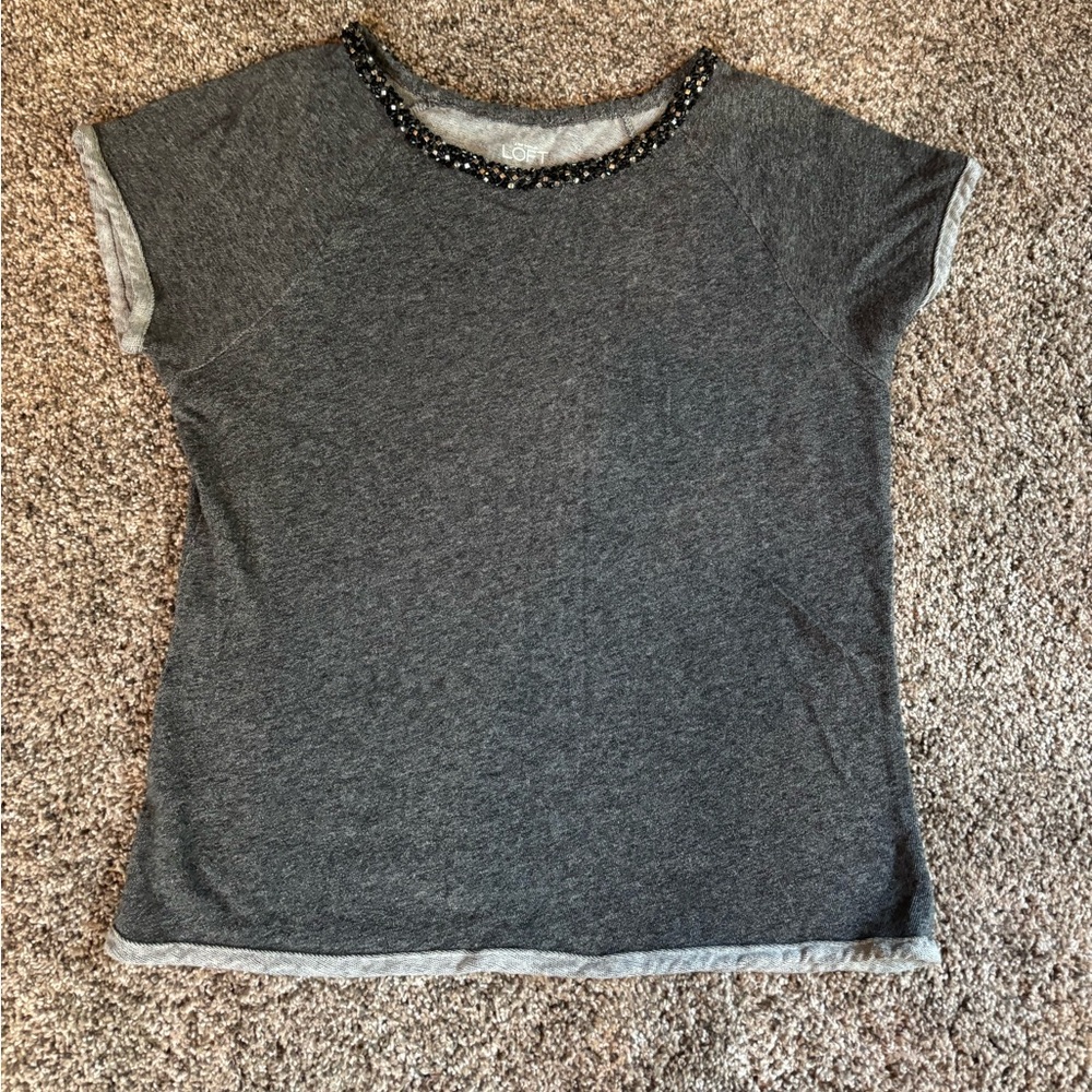 LOFT Charcoal Beaded Short Sleeve Tee